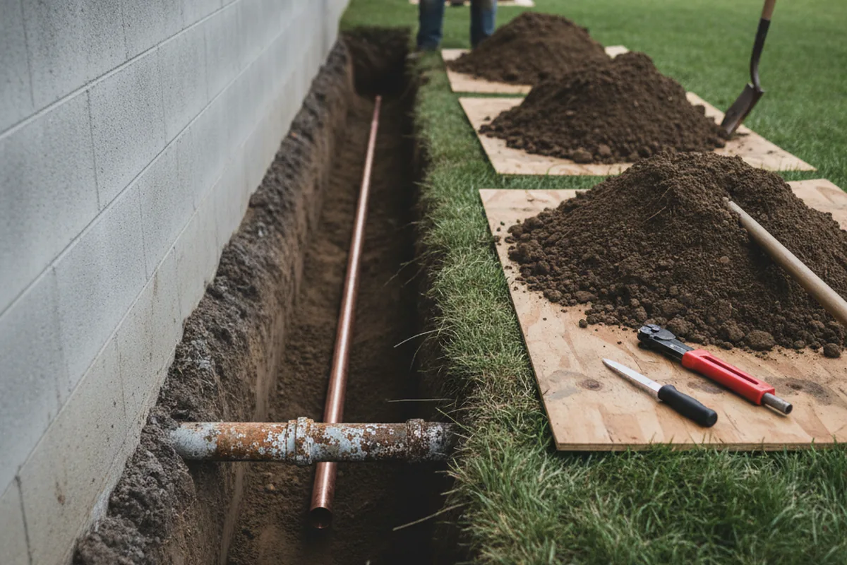 Excavated water line trench during Sewer Line Repair in Irwin